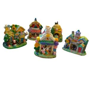Vtg 2003 Hoppy Hollow Easter Village Lot Of 5 Toy Shop Bakery School Bunnies